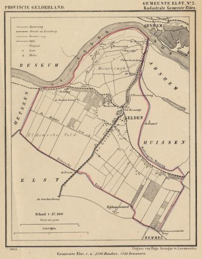 Kaart van de in 1818 opgeheven gemeente Elden, situatie anno ca. 1870, kaart J. Kuijper