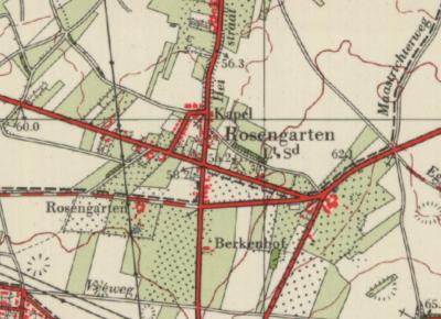 Buurtschap Rosengarten is gelegen Z van het dorp Einighausen, en ontstaan NO van - en genoemd naar - de gelijknamige hoeve, die in 2011 is afgebroken en die op deze kaart uit de jaren vijftig nog wordt vermeld. (© www.kadaster.nl)